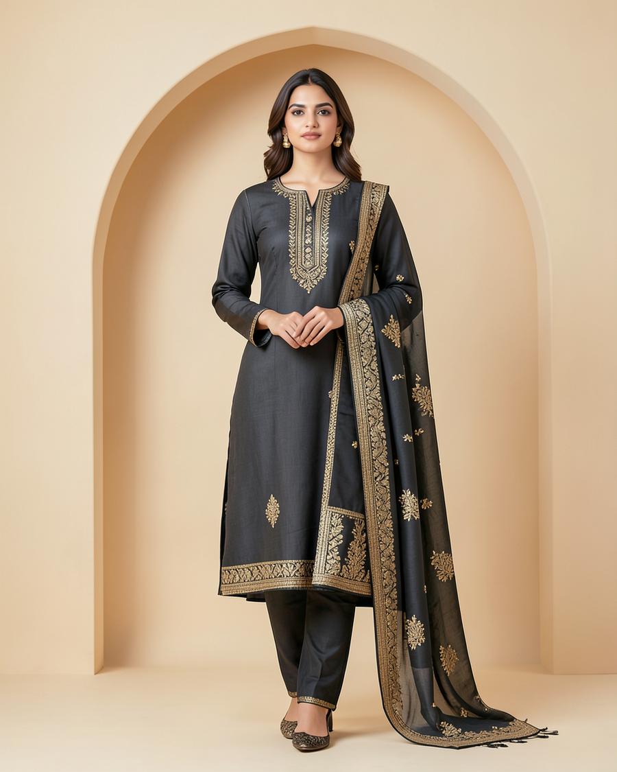 Charcoal Embroidered 3 Piece Set